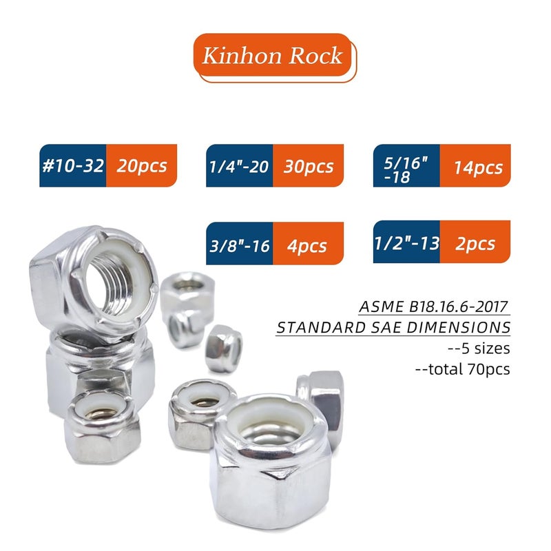KINHON 70pcs SAE Lock Nuts Assortment Set Nylon Insert 304 Stainless Steel Hex Lock Nuts Kit 10#32 1/4"-20 5/16"-18 3/8"-16 1/2"-13 with Box Reusable for DIY Home Automotive Industrial - Image 2